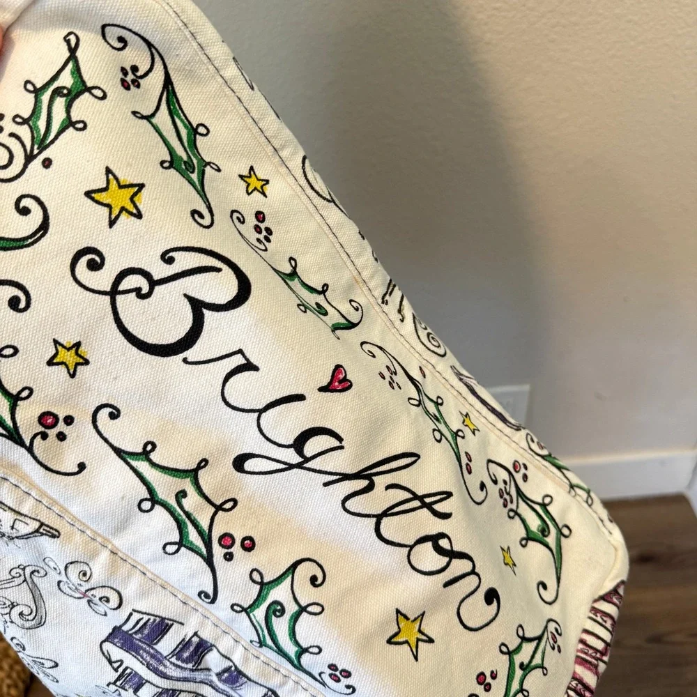 Brighton Happy Holidays Canvas Tote Bag White Multi Fashion Sketch Christmas